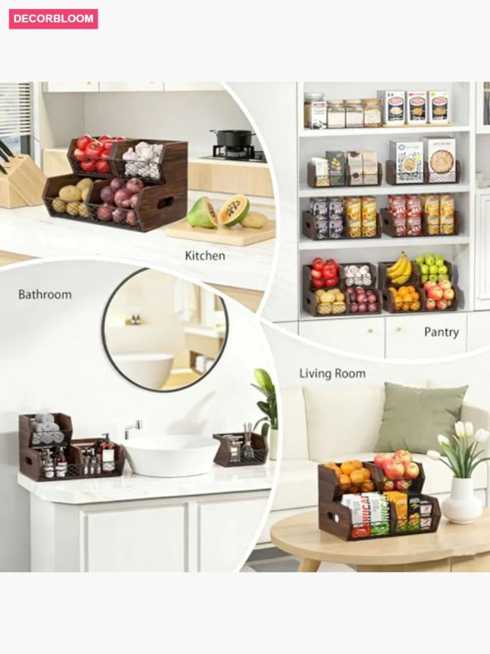 Stackable Wood Potato Onion Storage Bins Pantry Organizer Set